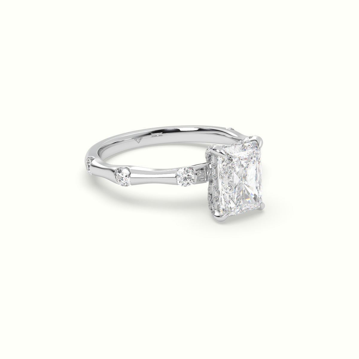 Radiant Diamond Side Stone Engagement Ring — White Gold