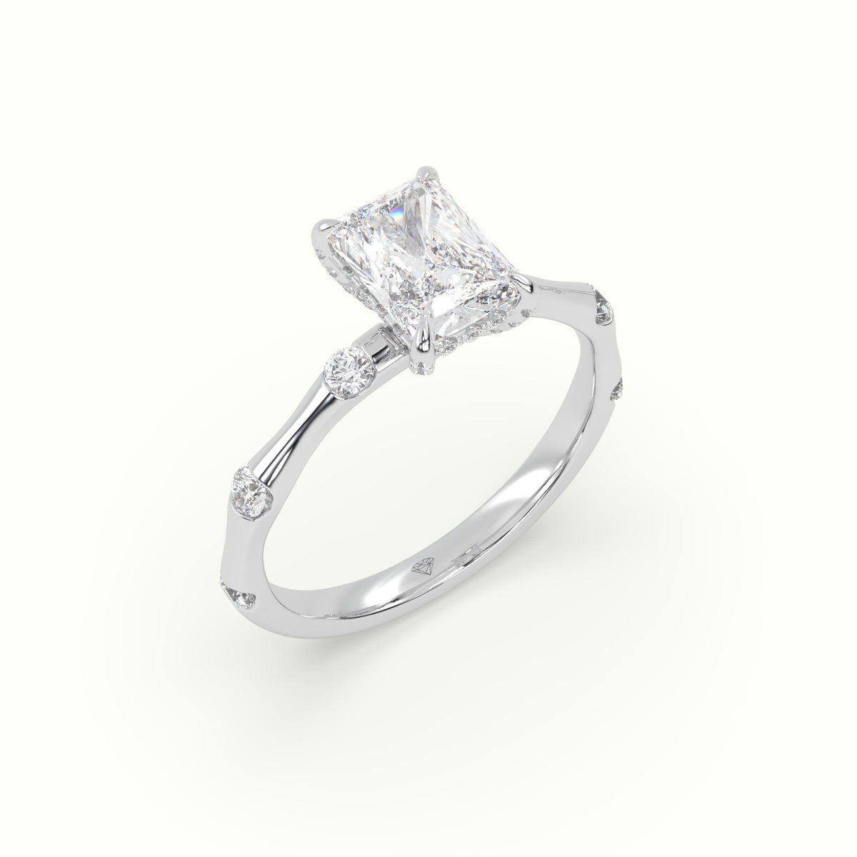 Radiant Diamond Side Stone Engagement Ring — White Gold