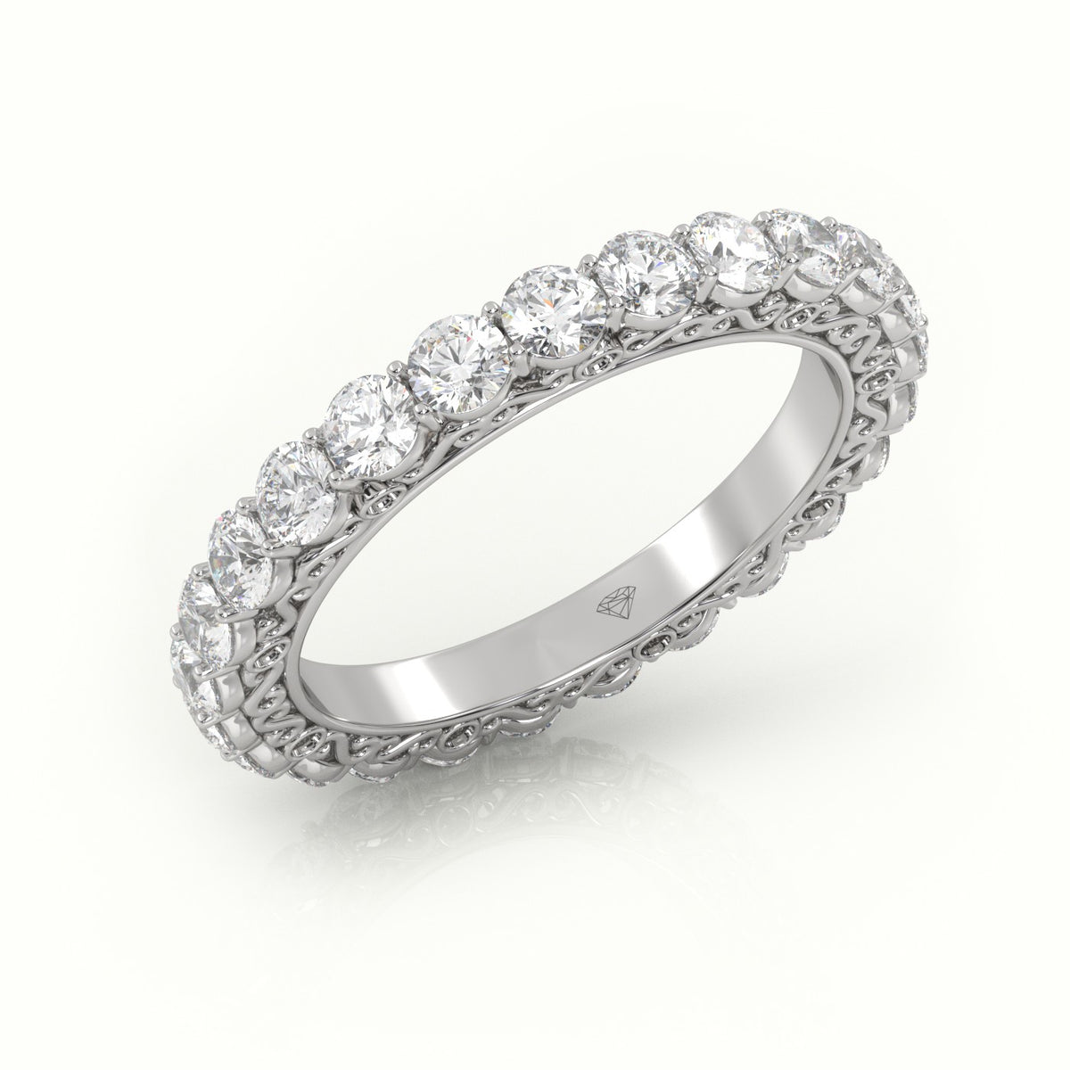 Round Cut Diamond Low Dome Basket Eternity Wedding Band — White Gold