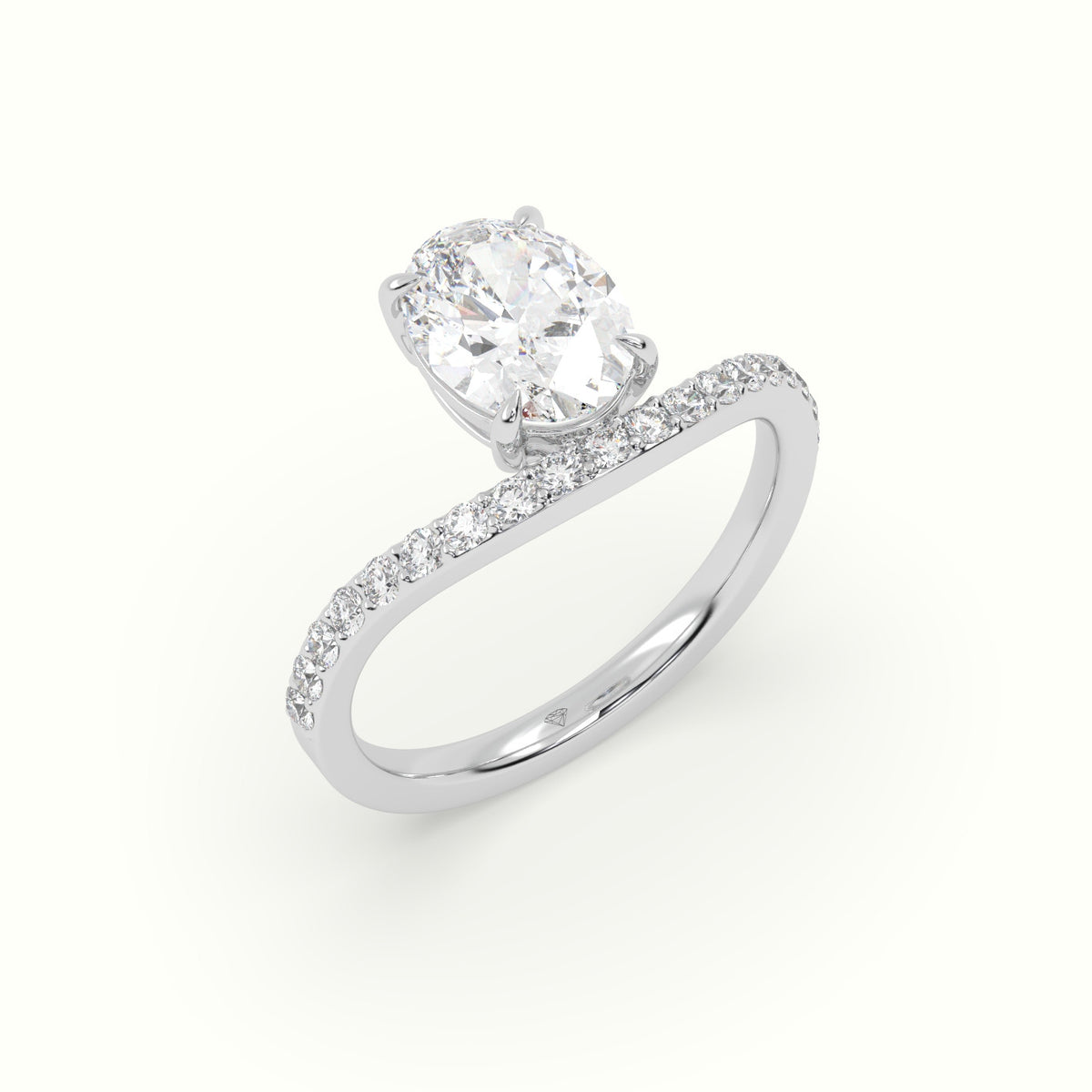 Oval Diamond Solitaire Curved Pavé Engagement Ring — White Gold
