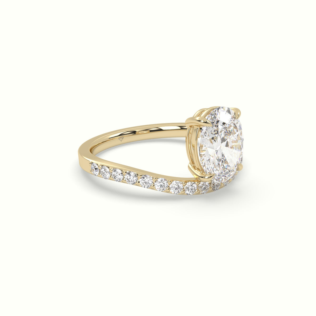 Oval Diamond Solitaire Curved Pavé Engagement Ring — Yellow Gold
