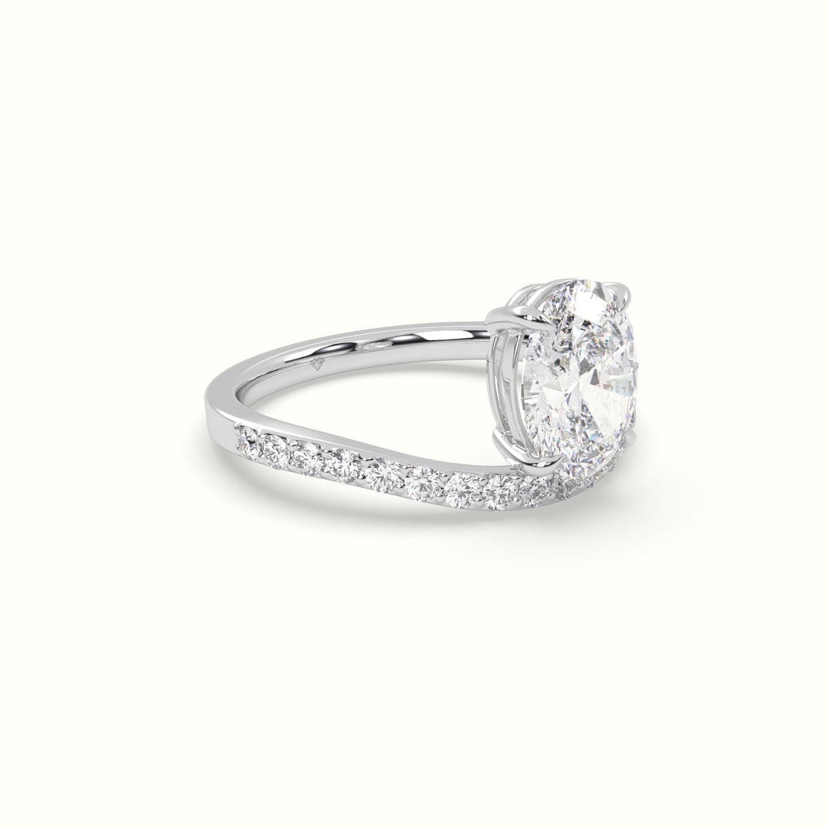 Oval Diamond Solitaire Curved Pavé Engagement Ring — White Gold