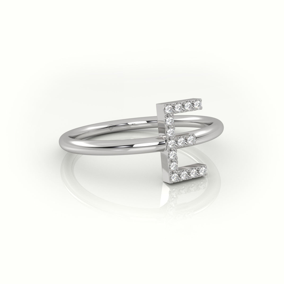 Round Cut Diamonds “E” Initials Monogram Alphabet Ring — White Gold