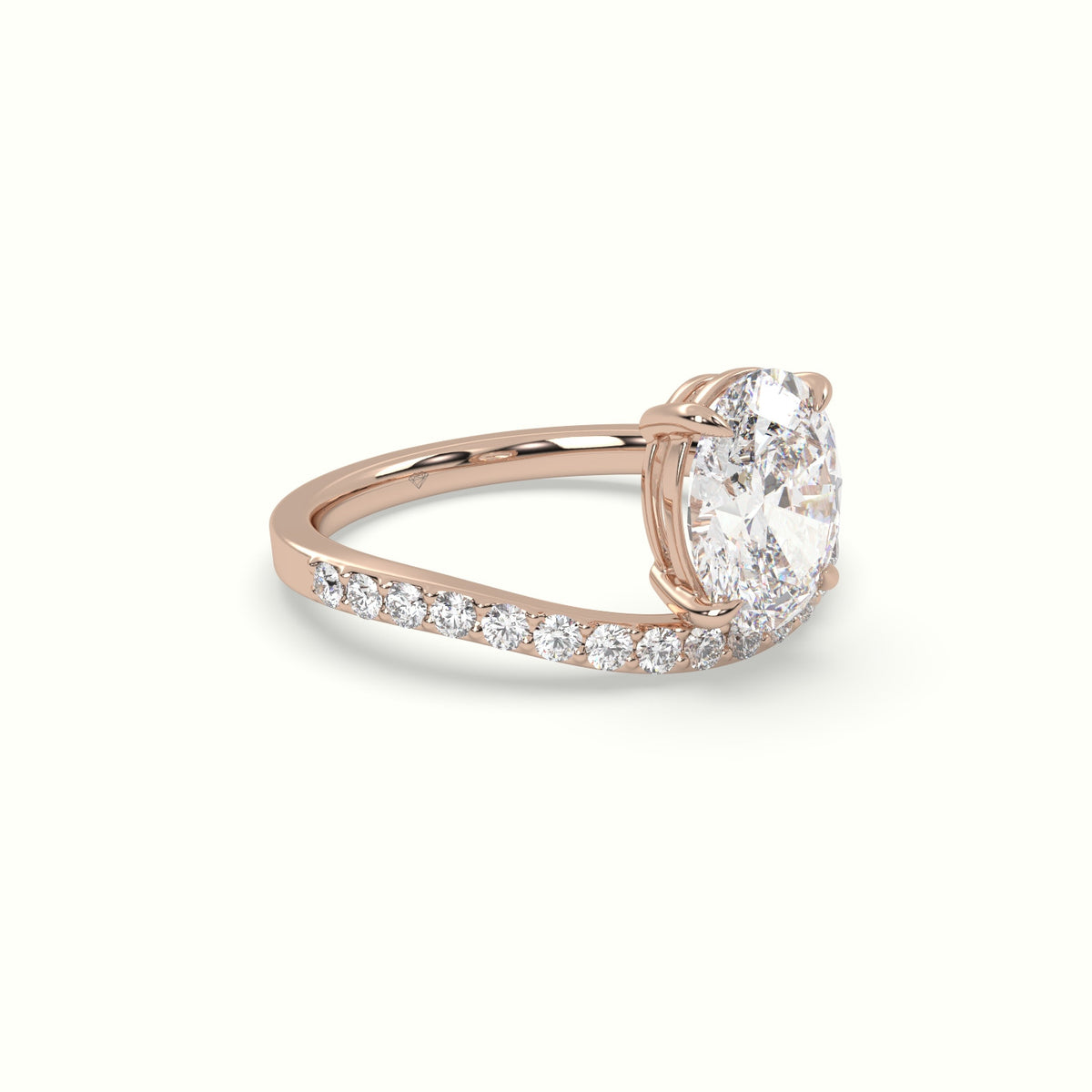 Oval Diamond Solitaire Curved Pavé Engagement Ring — Rose Gold