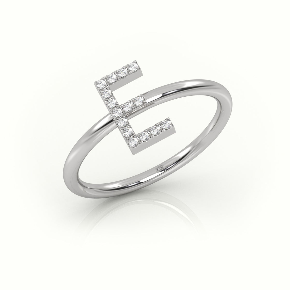 Round Cut Diamonds “E” Initials Monogram Alphabet Ring — White Gold
