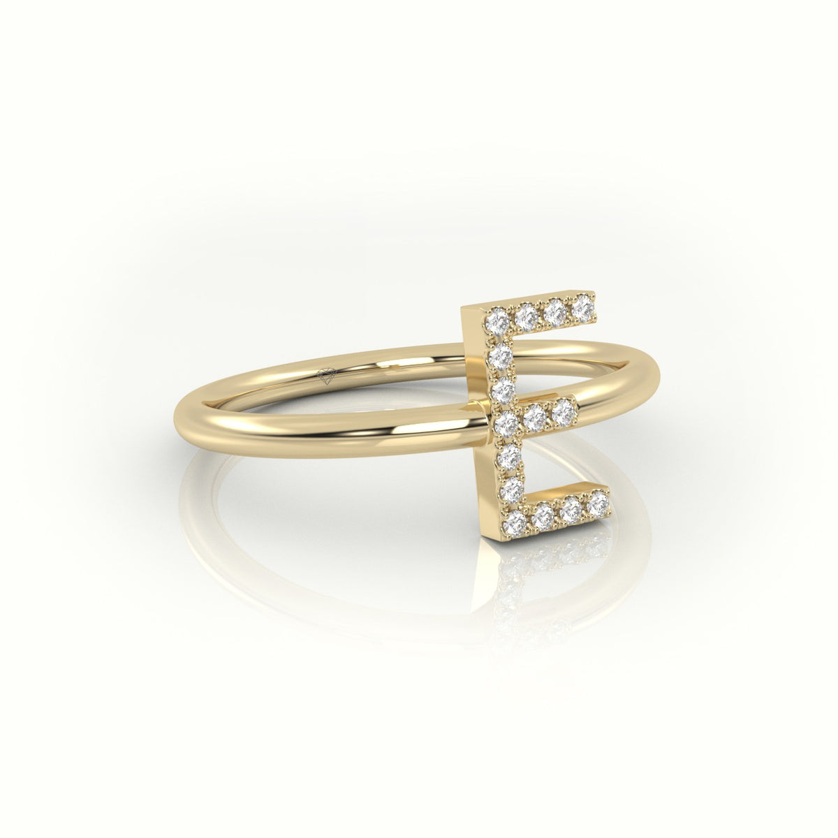 Round Cut Diamonds “E” Initials Monogram Alphabet Ring — Yellow Gold
