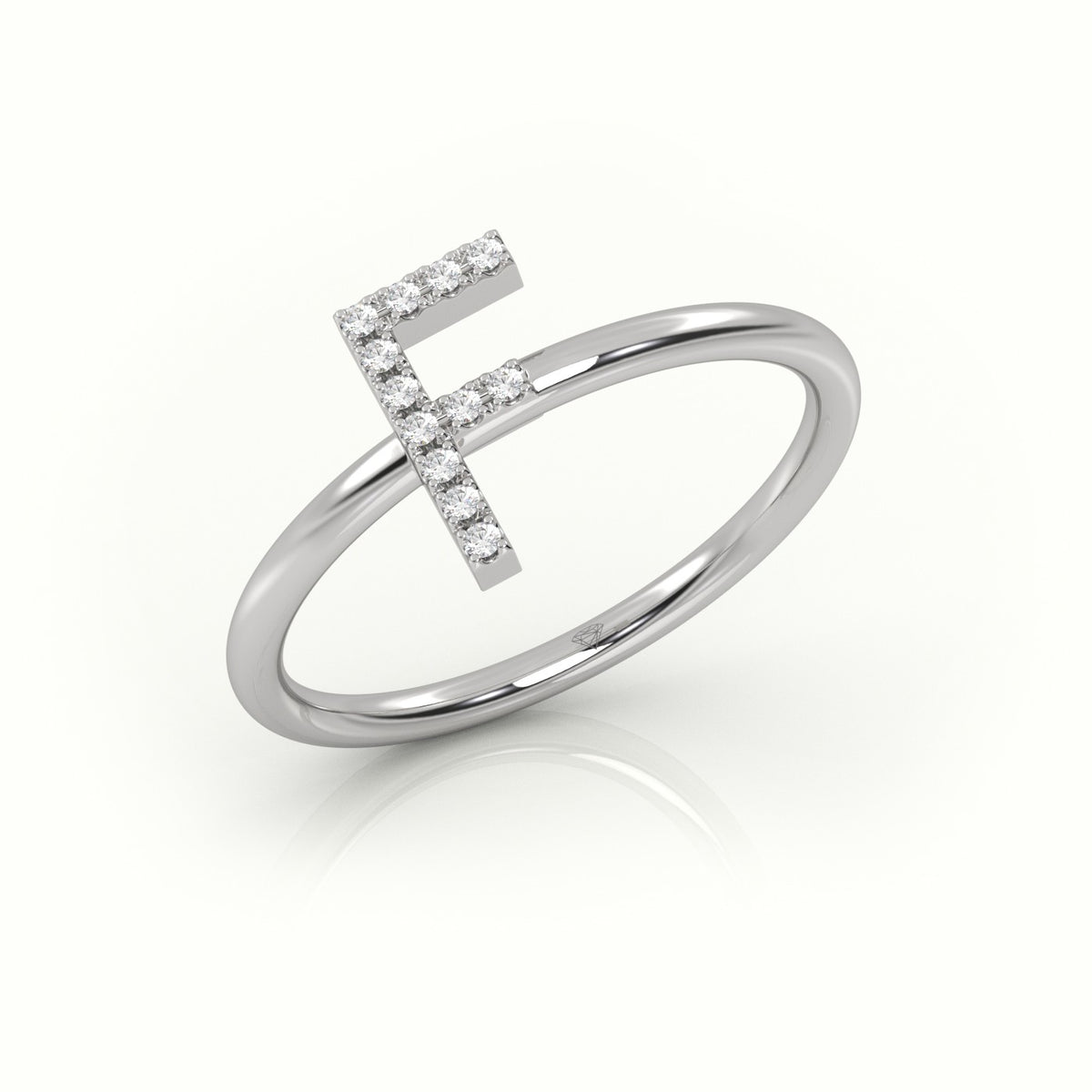 Round Cut Diamonds “F” Initials Monogram Alphabet Ring — White Gold