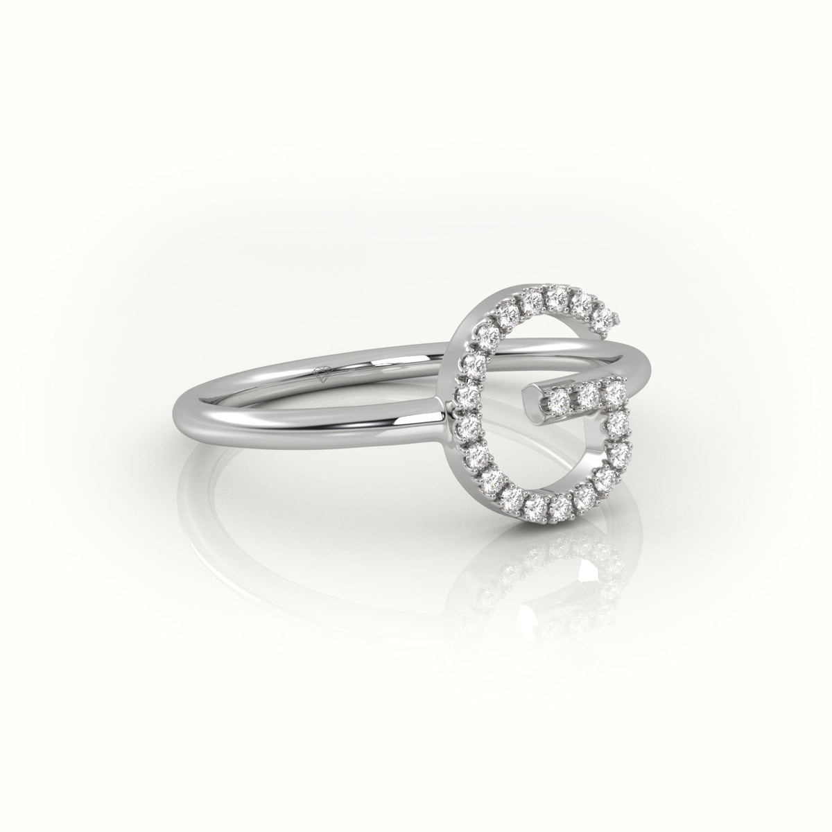 Round Cut Diamonds “G” Initials Monogram Alphabet Ring — White Gold