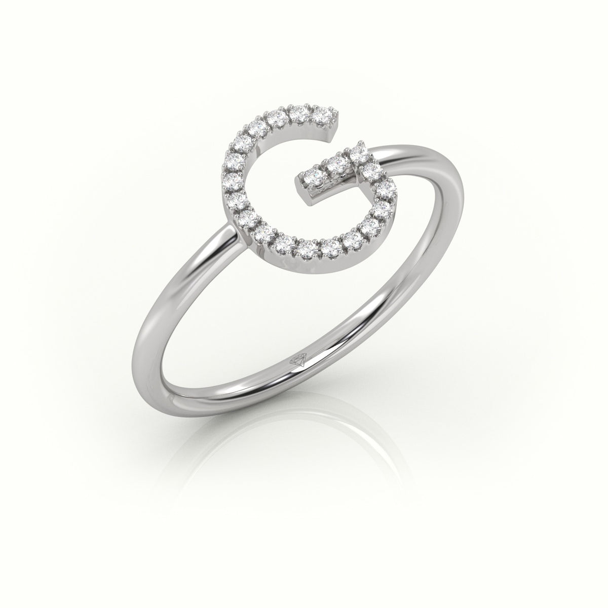 Round Cut Diamonds “G” Initials Monogram Alphabet Ring — White Gold