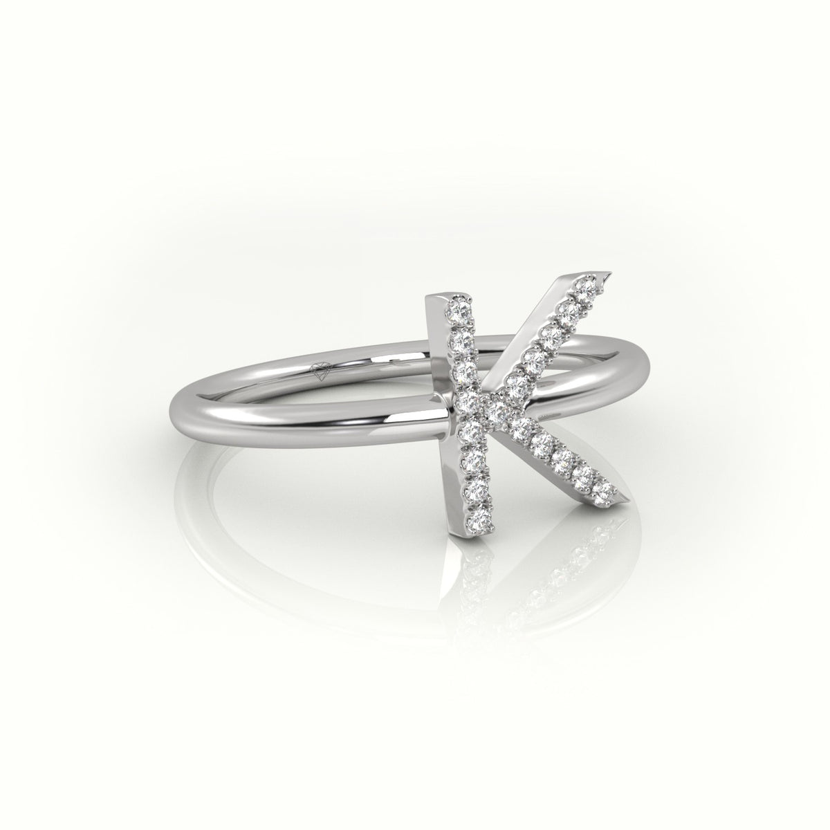 Round Cut Diamonds “K” Initials Monogram Alphabet Ring — White Gold
