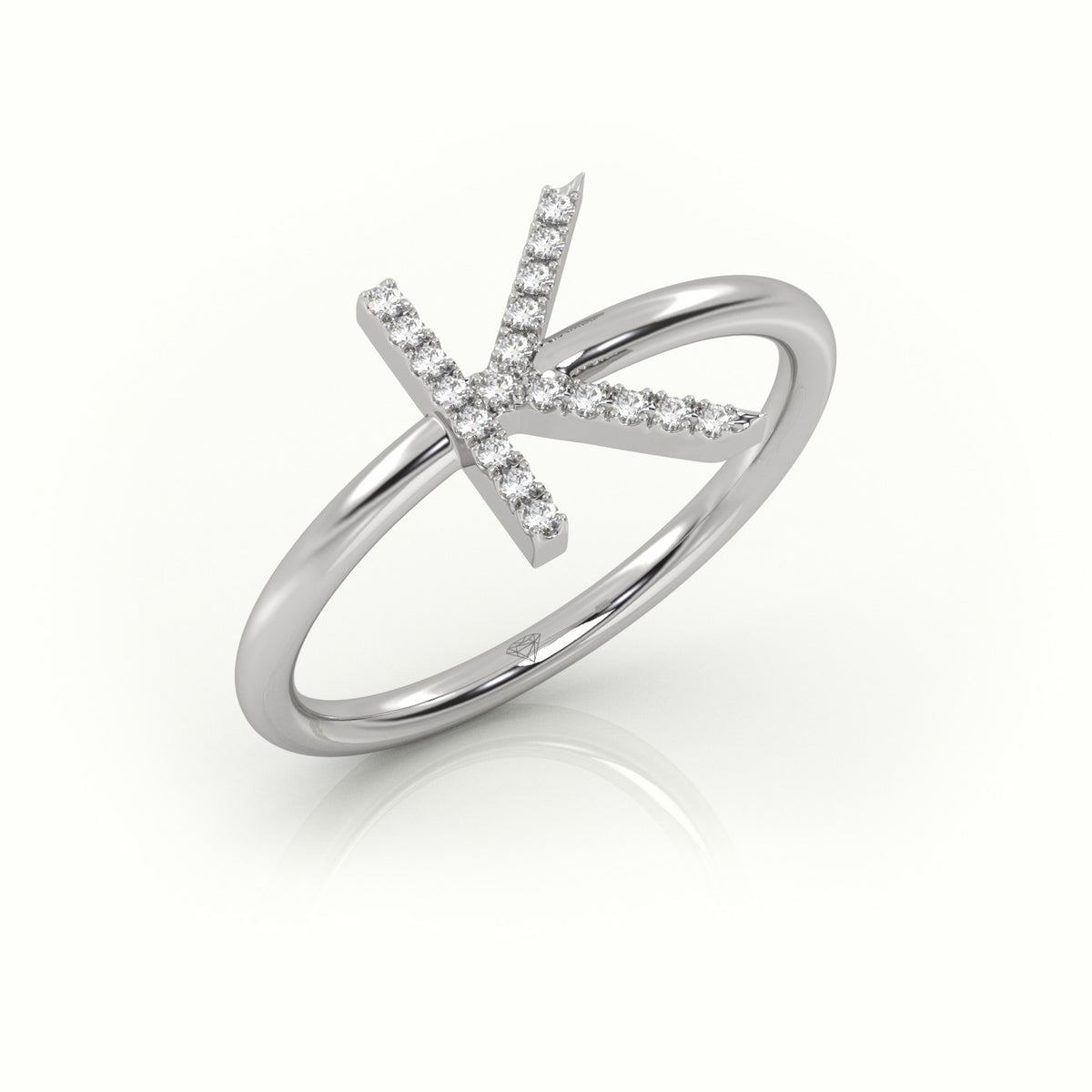 Round Cut Diamonds “K” Initials Monogram Alphabet Ring — White Gold