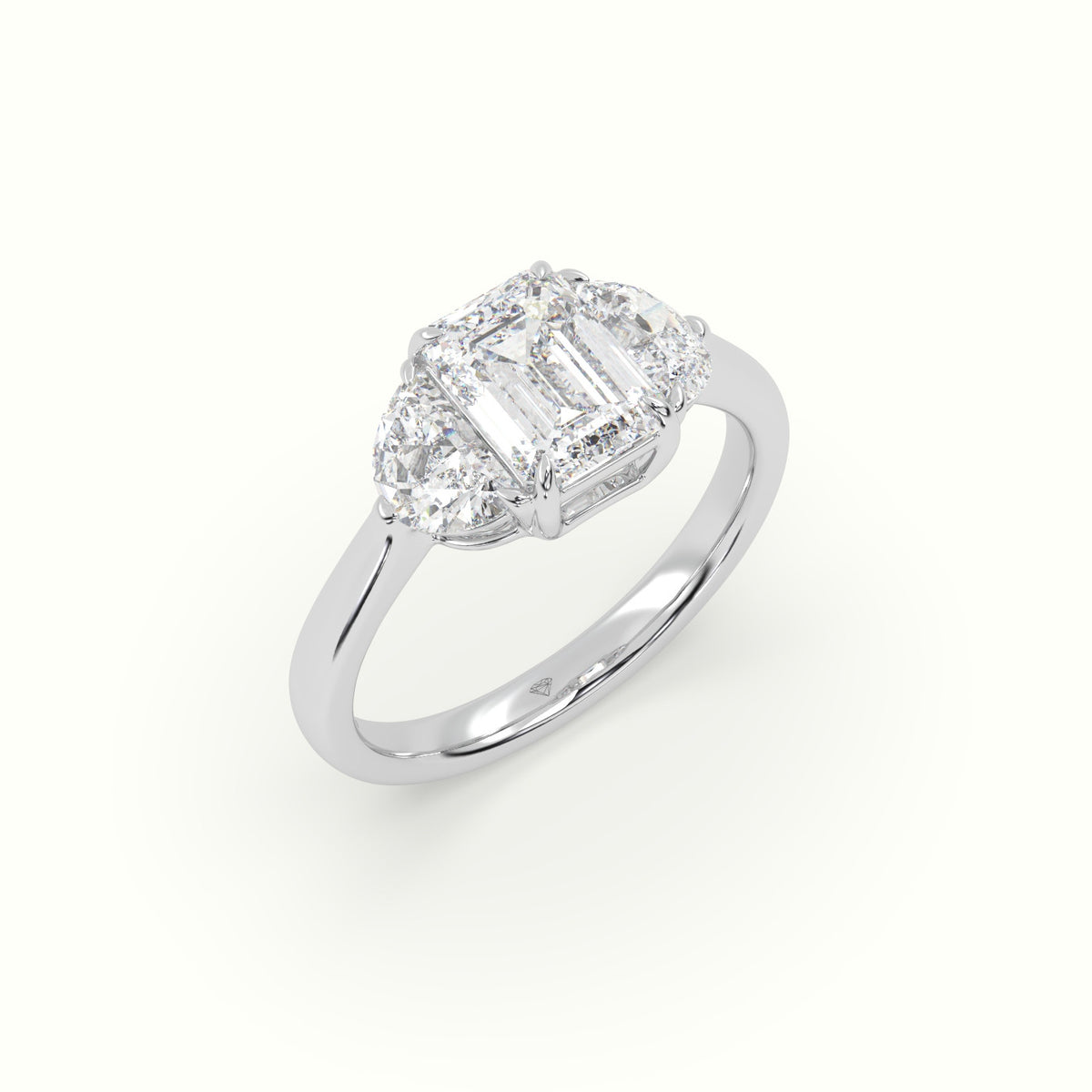 Emerald Diamond Trilogy Half Moon Engagement Ring — White Gold