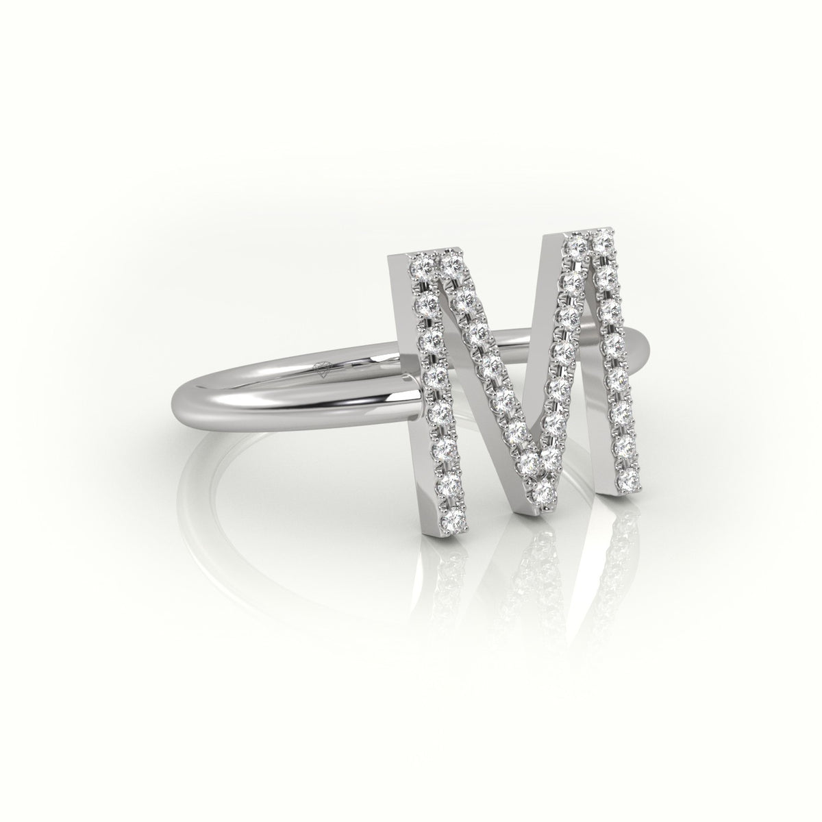 Round Cut Diamonds “M” Initials Monogram Alphabet Ring — White Gold