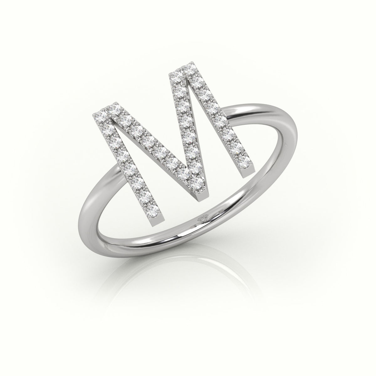Round Cut Diamonds “M” Initials Monogram Alphabet Ring — White Gold