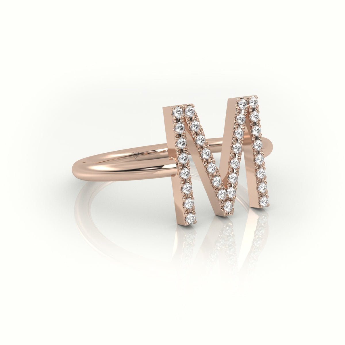 Round Cut Diamonds “M” Initials Monogram Alphabet Ring — Rose Gold