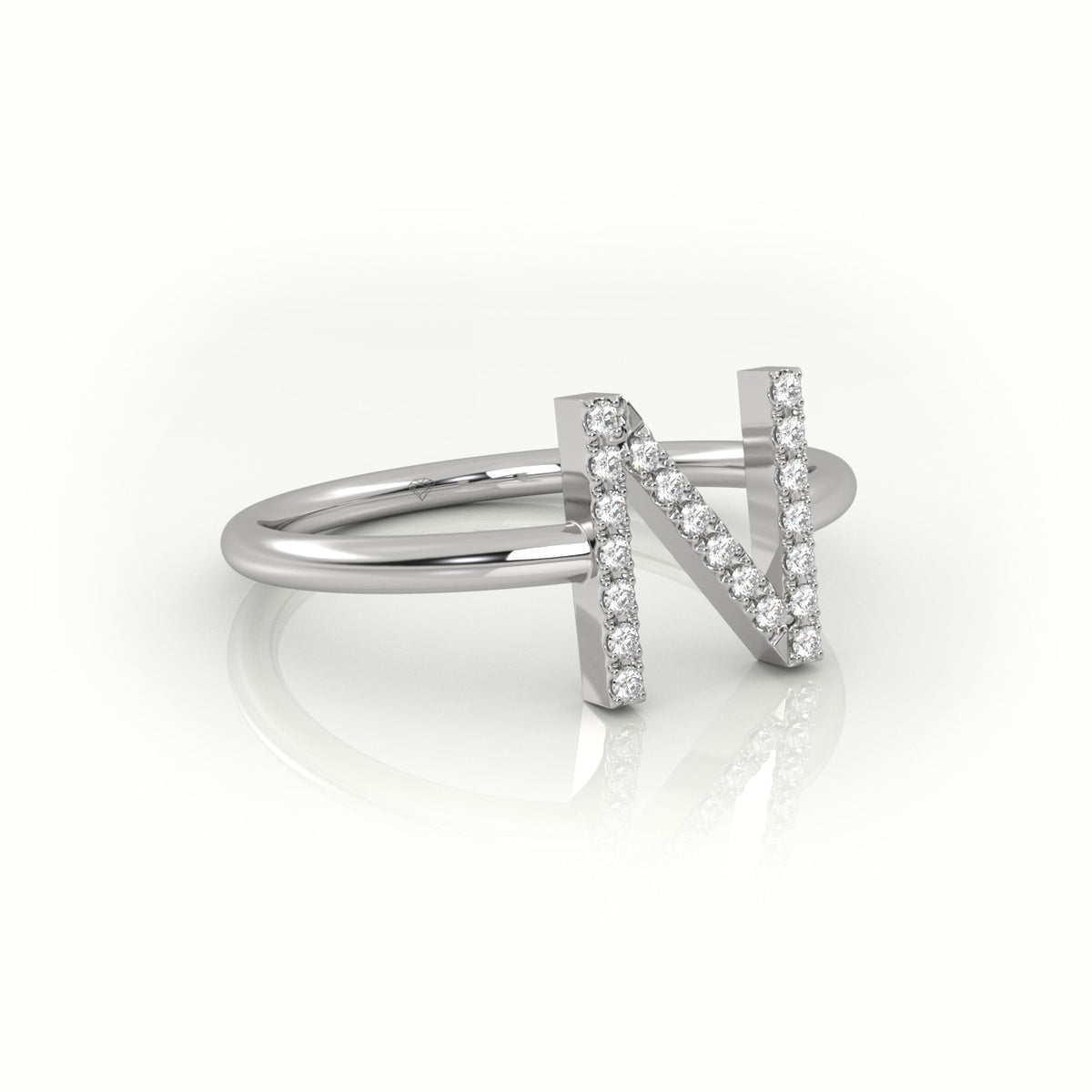 Round Cut Diamonds “N” Initials Monogram Alphabet Ring — White Gold