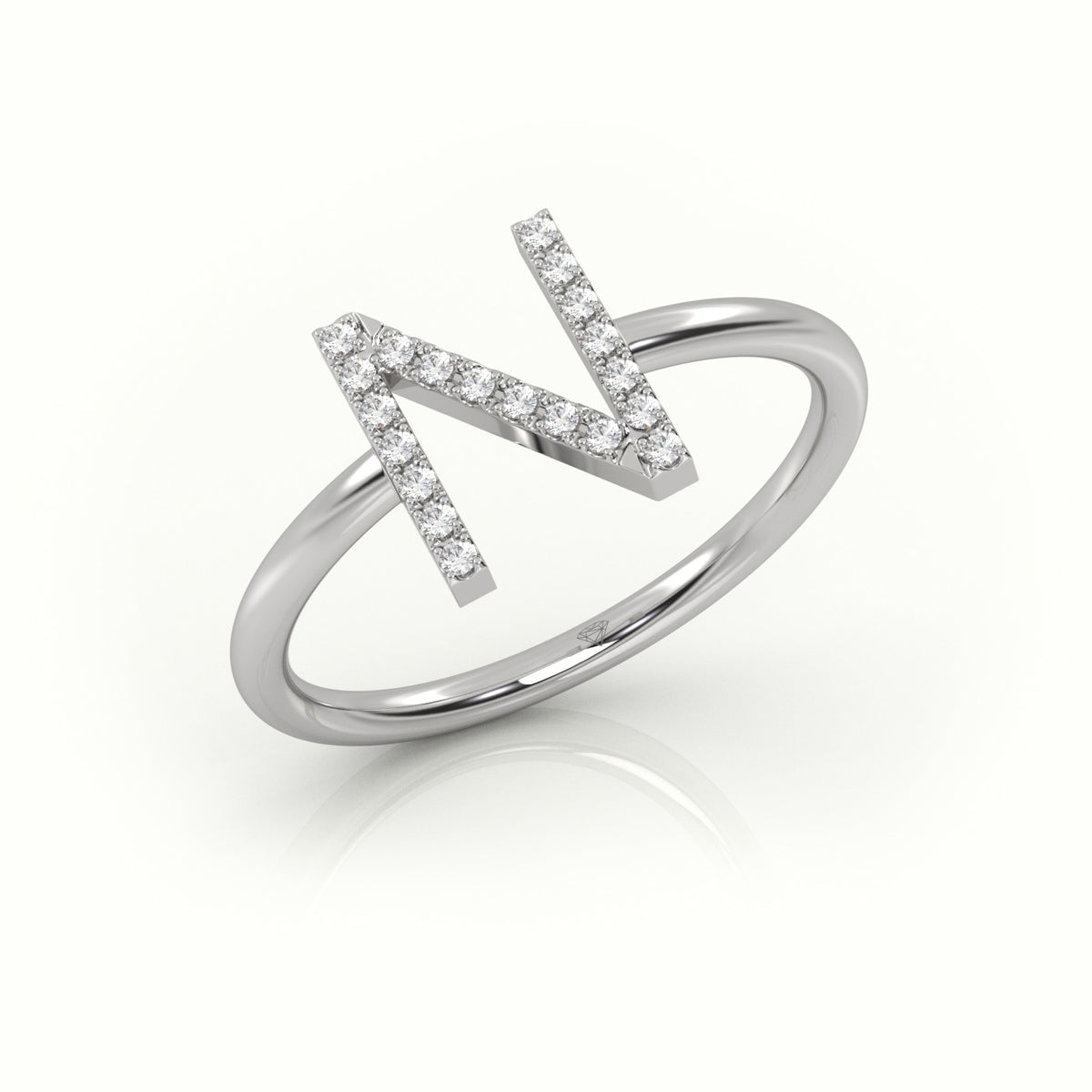 Round Cut Diamonds “N” Initials Monogram Alphabet Ring — White Gold