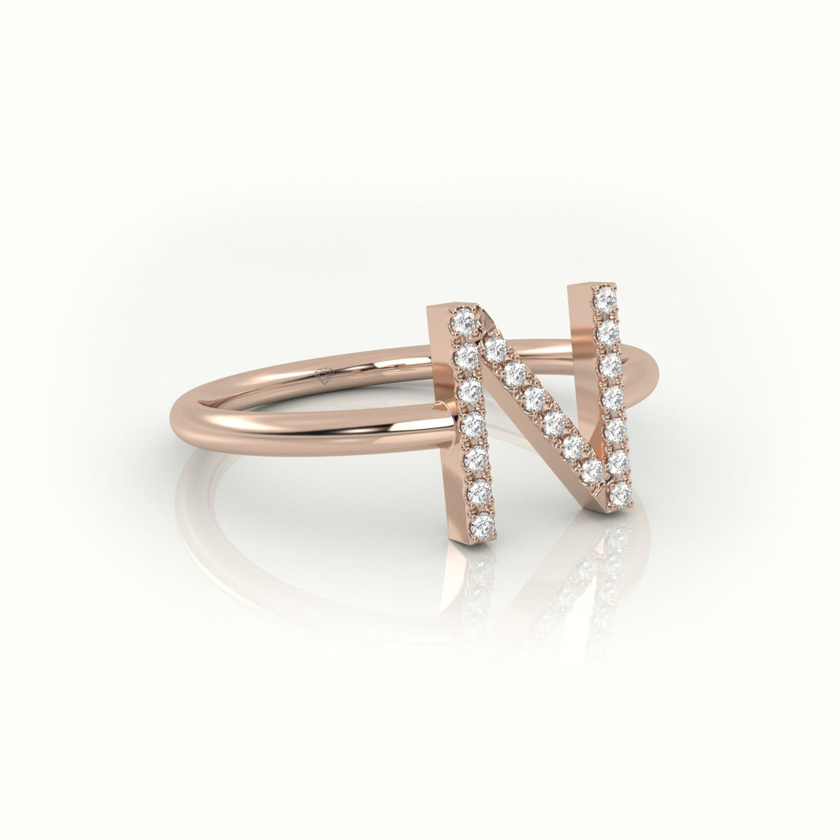 Round Cut Diamonds “N” Initials Monogram Alphabet Ring — Rose Gold