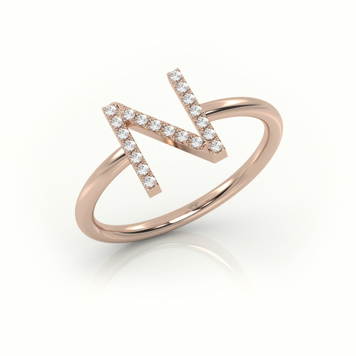 Round Cut Diamonds “N” Initials Monogram Alphabet Ring — Rose Gold