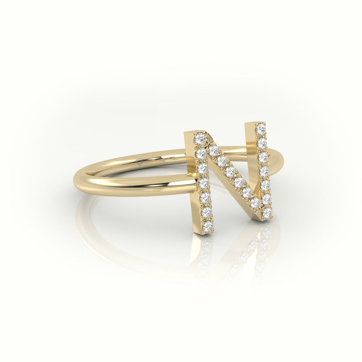 Round Cut Diamonds “N” Initials Monogram Alphabet Ring — Yellow Gold