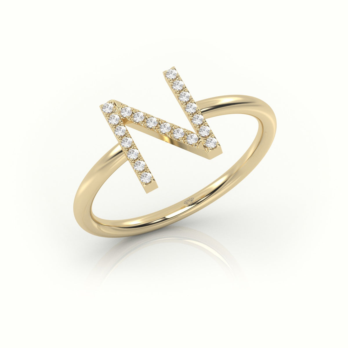 Round Cut Diamonds “N” Initials Monogram Alphabet Ring — Yellow Gold