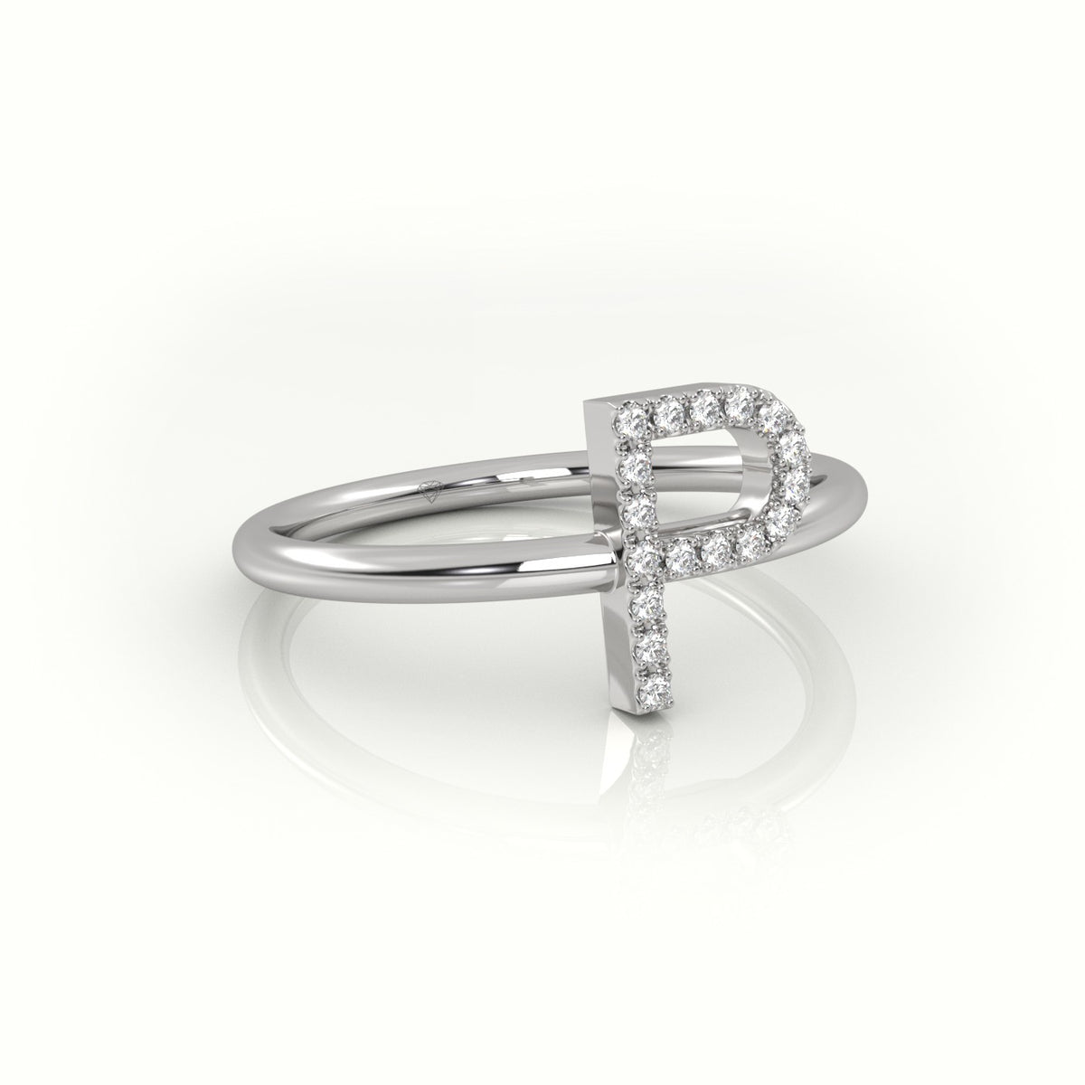 Round Cut Diamonds “P” Initials Monogram Alphabet Ring — White Gold