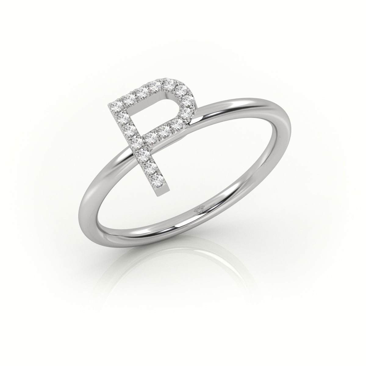 Round Cut Diamonds “P” Initials Monogram Alphabet Ring — White Gold