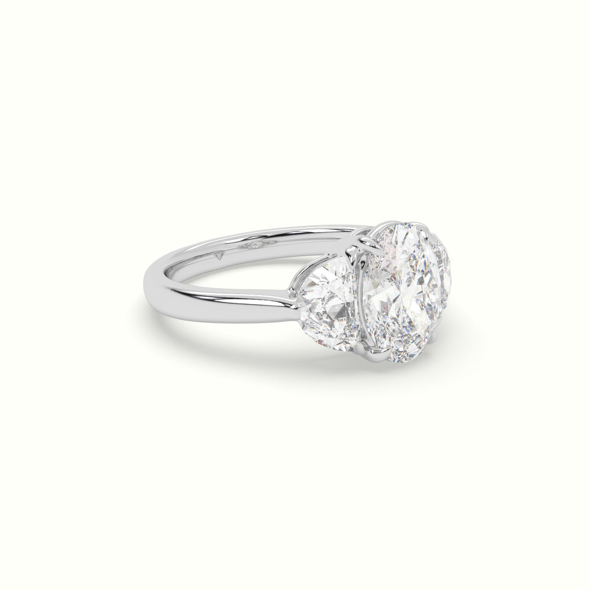 Oval Diamond Trilogy Half Moon Engagement Ring — White Gold