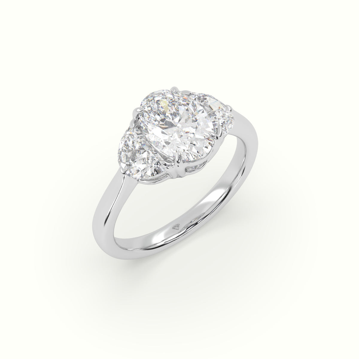 Oval Diamond Trilogy Half Moon Engagement Ring — White Gold