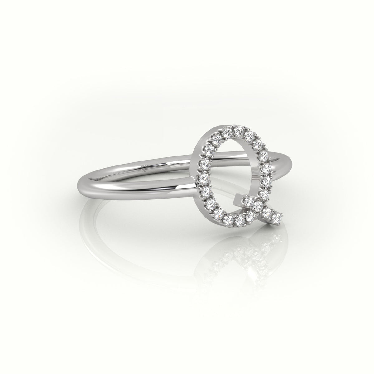 Round Cut Diamonds “Q” Initials Monogram Alphabet Ring — White Gold