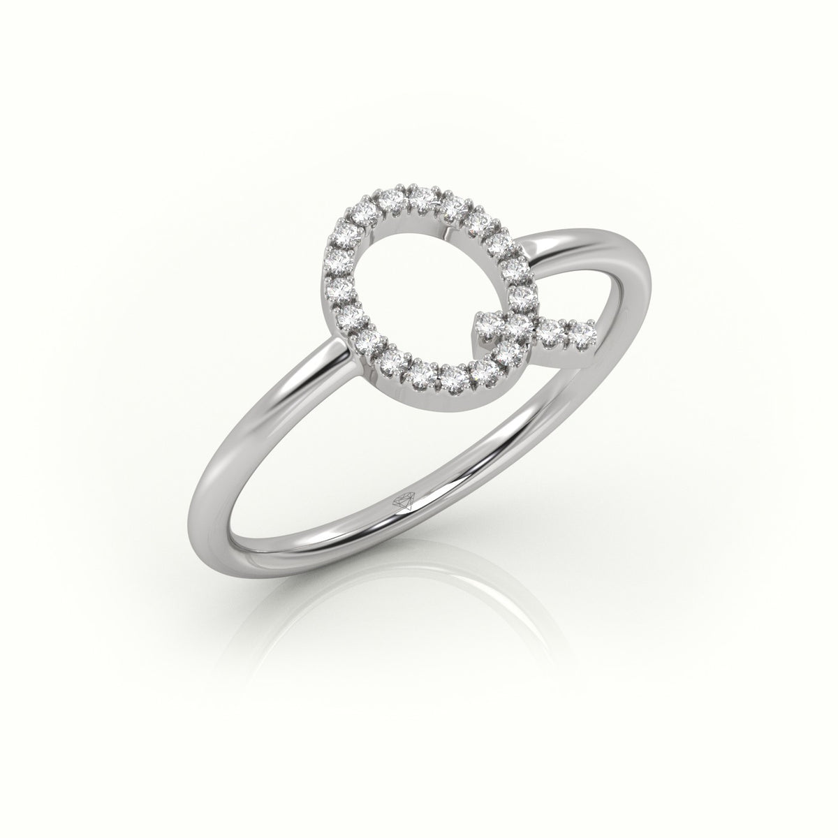 Round Cut Diamonds “Q” Initials Monogram Alphabet Ring — White Gold