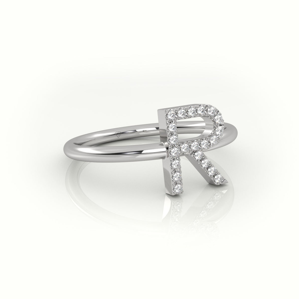 Round Cut Diamonds “R” Initials Monogram Alphabet Ring — White Gold