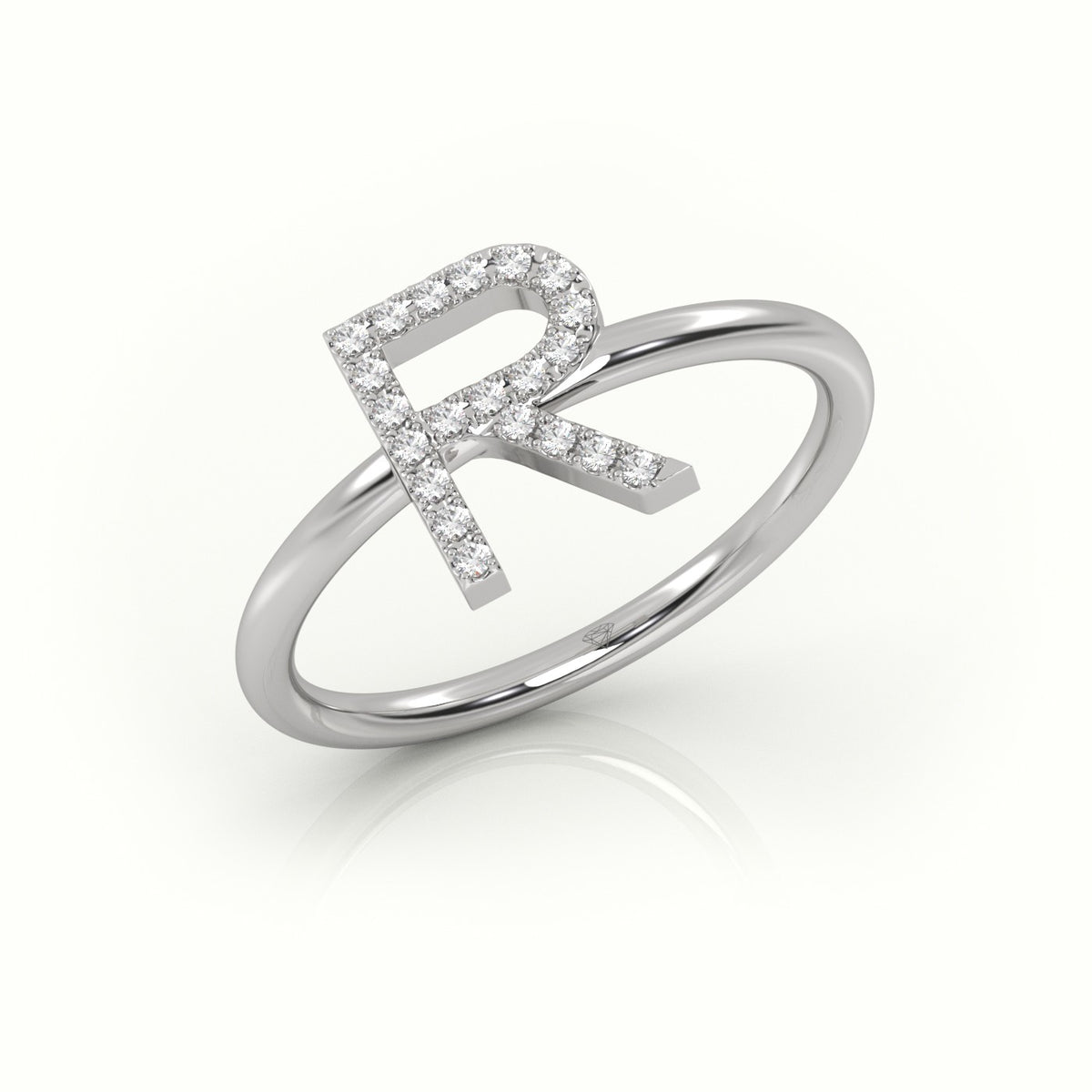 Round Cut Diamonds “R” Initials Monogram Alphabet Ring — White Gold