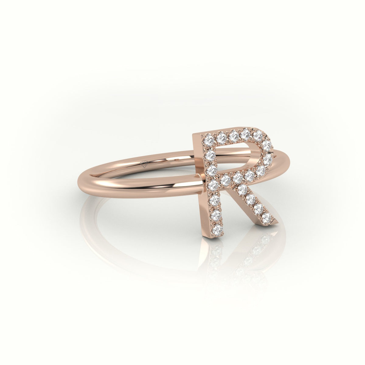 Round Cut Diamonds “R” Initials Monogram Alphabet Ring — Rose Gold