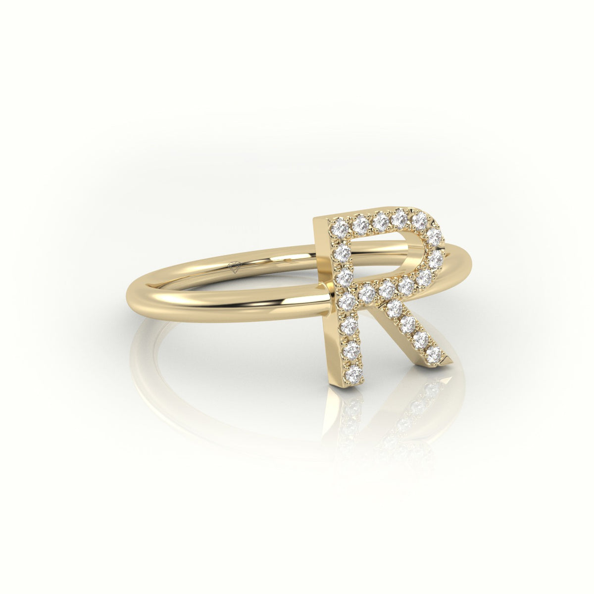 Round Cut Diamonds “R” Initials Monogram Alphabet Ring — Yellow Gold