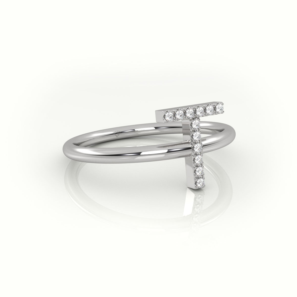 Round Cut Diamonds “T” Initials Monogram Alphabet Ring — White Gold