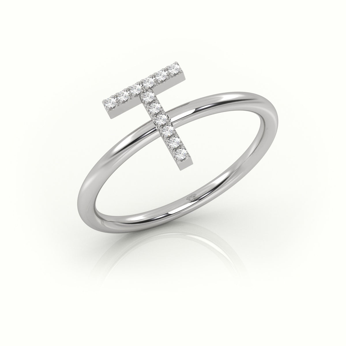 Round Cut Diamonds “T” Initials Monogram Alphabet Ring — White Gold