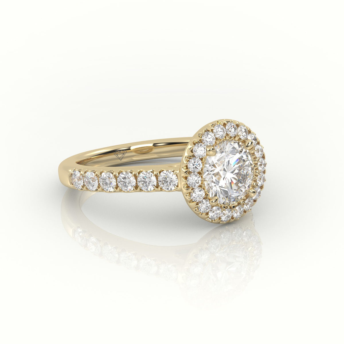 Round-Cut-Diamond 4 Prongs Halo Scallop Setting Engagement Ring — Yellow Gold