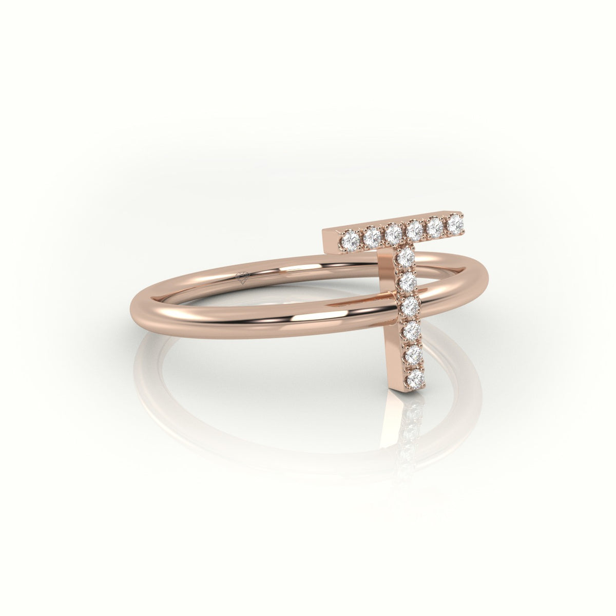 Round Cut Diamonds “T” Initials Monogram Alphabet Ring — Rose Gold