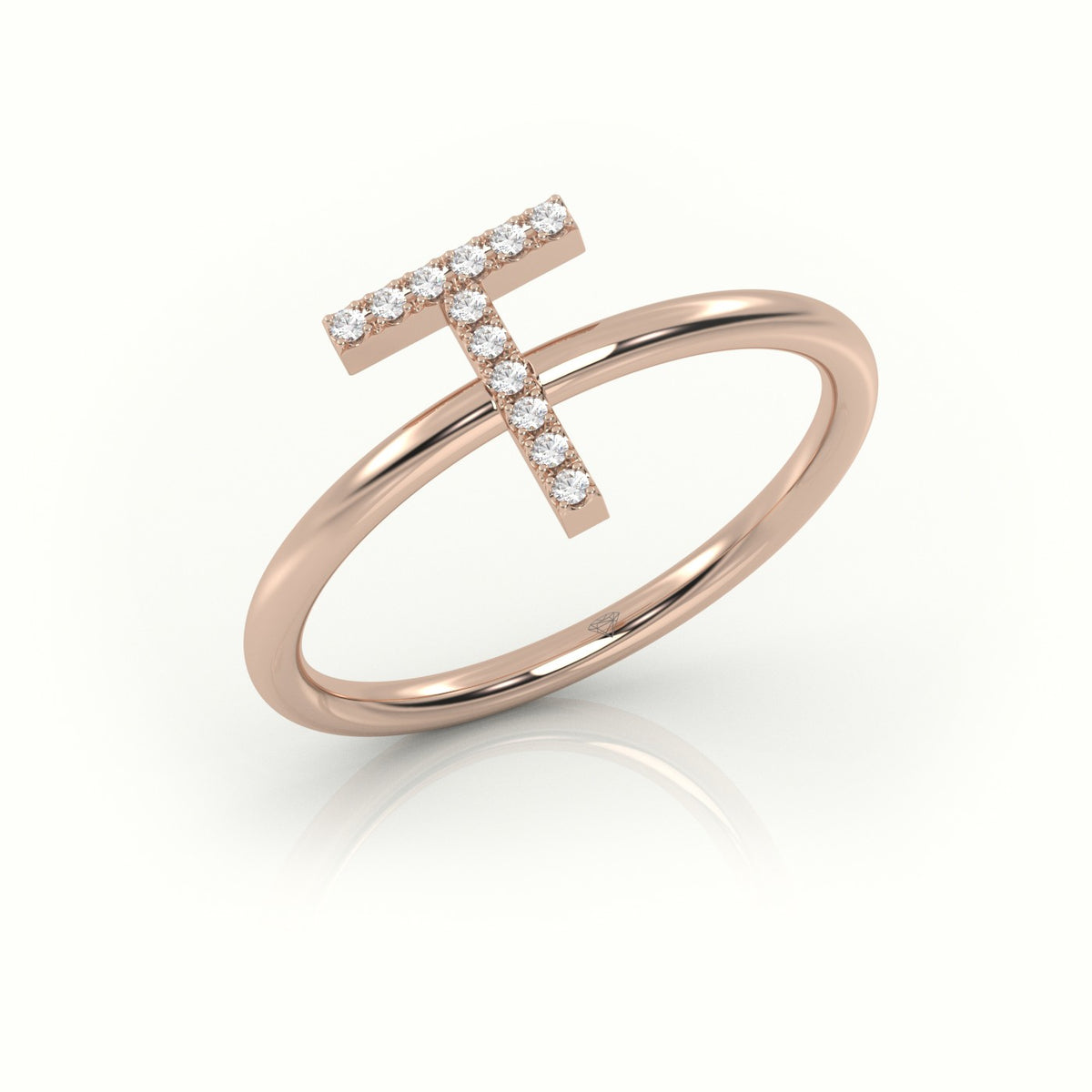 Round Cut Diamonds “T” Initials Monogram Alphabet Ring — Rose Gold