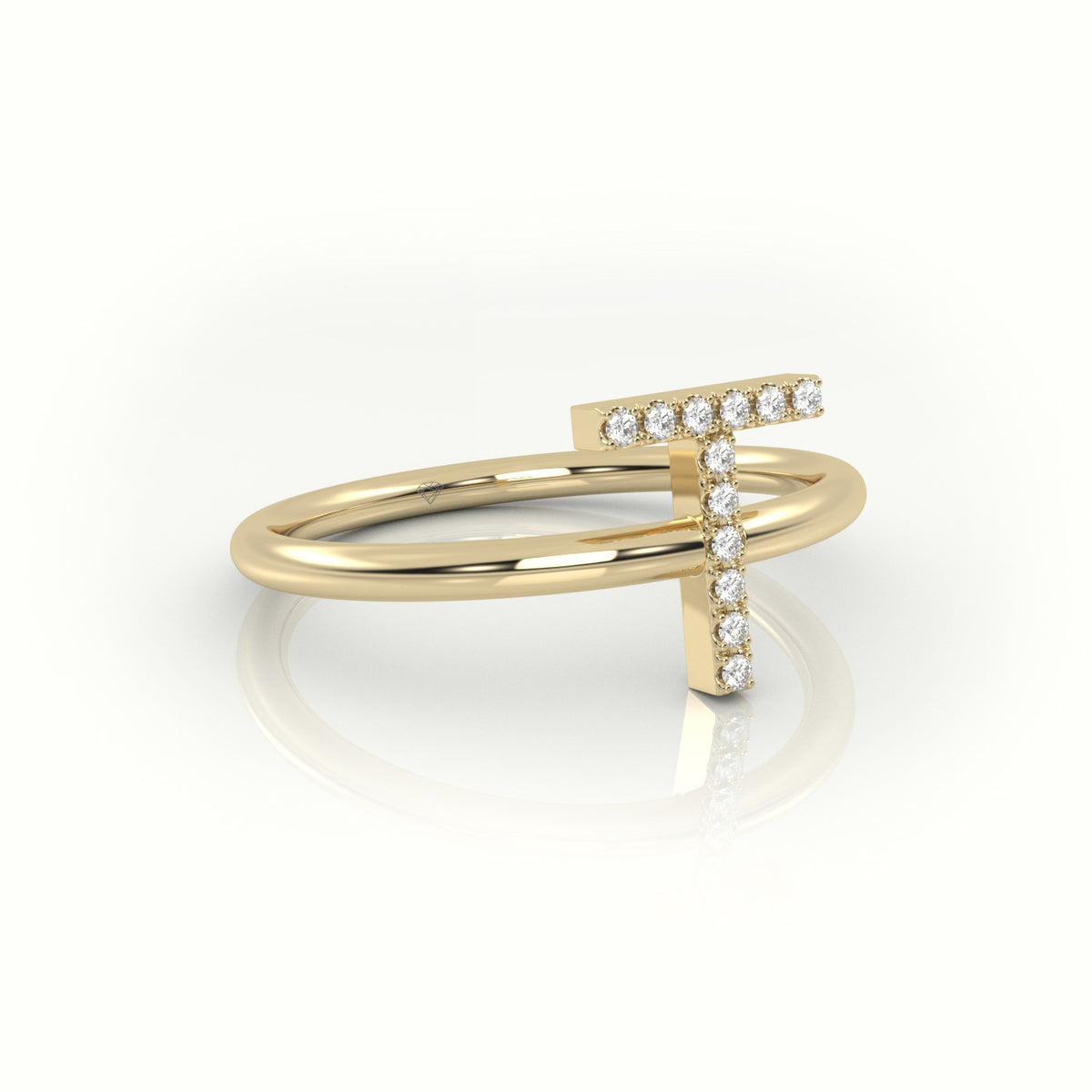 Round Cut Diamonds “T” Initials Monogram Alphabet Ring — Yellow Gold