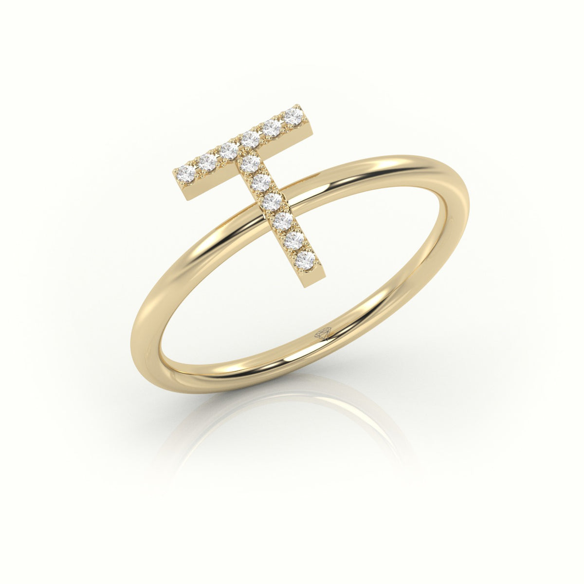 Round Cut Diamonds “T” Initials Monogram Alphabet Ring — Yellow Gold