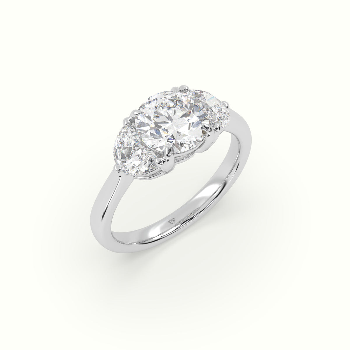 Round Diamond Trilogy Half Moon Engagement Ring — White Gold