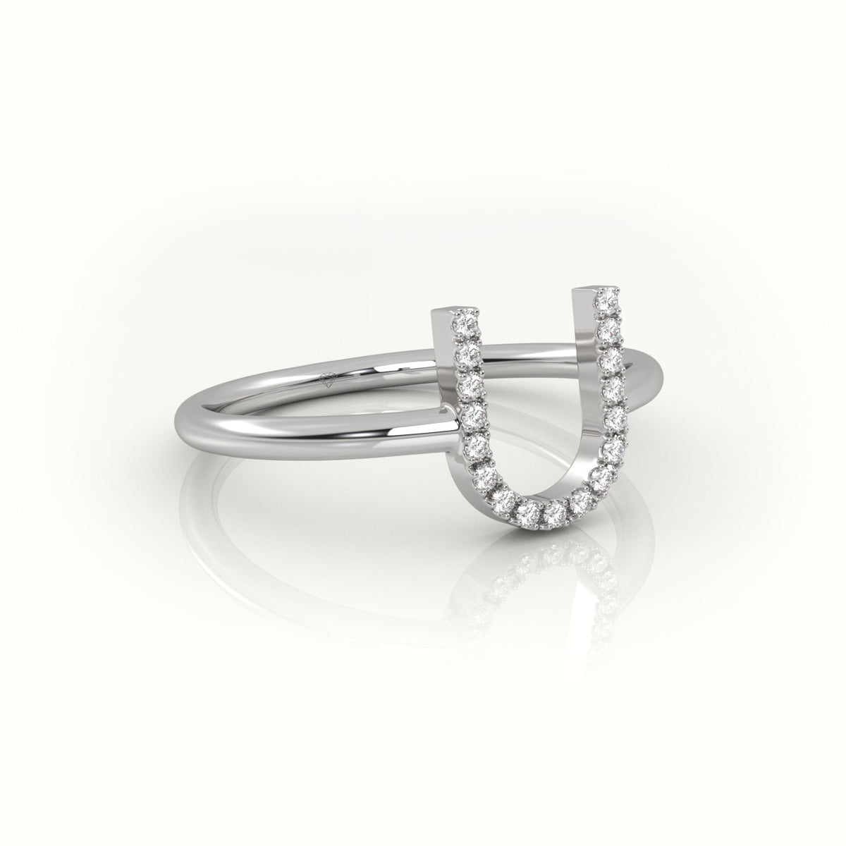Round Cut Diamonds “U” Initials Monogram Alphabet Ring — White Gold