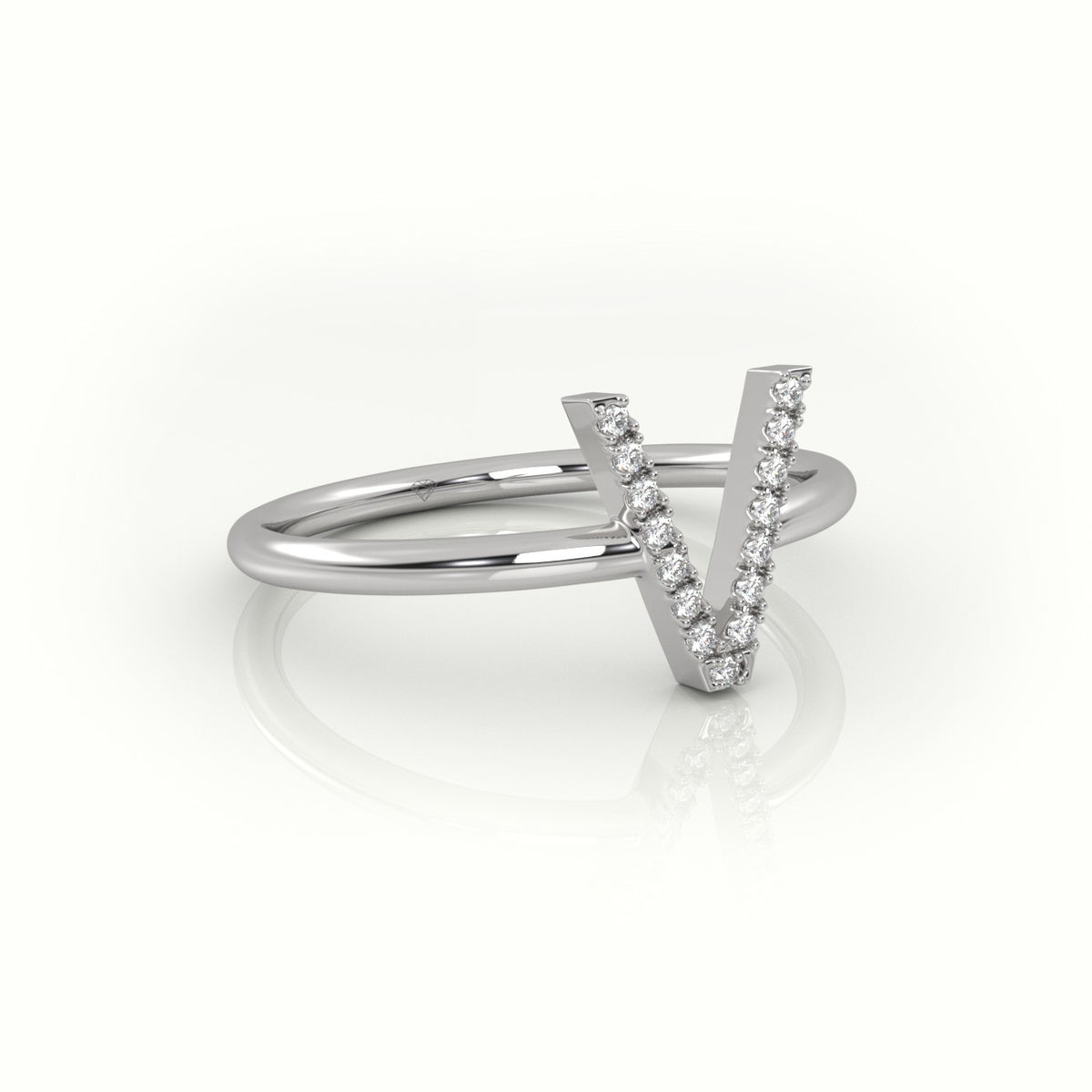 Round Cut Diamonds “V” Initials Monogram Alphabet Ring — White Gold