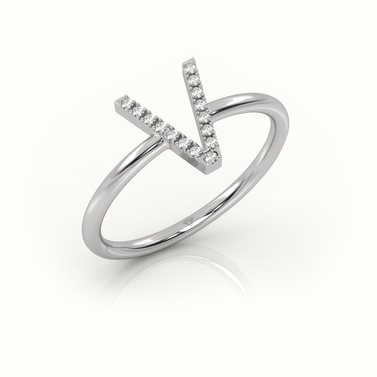 Round Cut Diamonds “V” Initials Monogram Alphabet Ring — White Gold