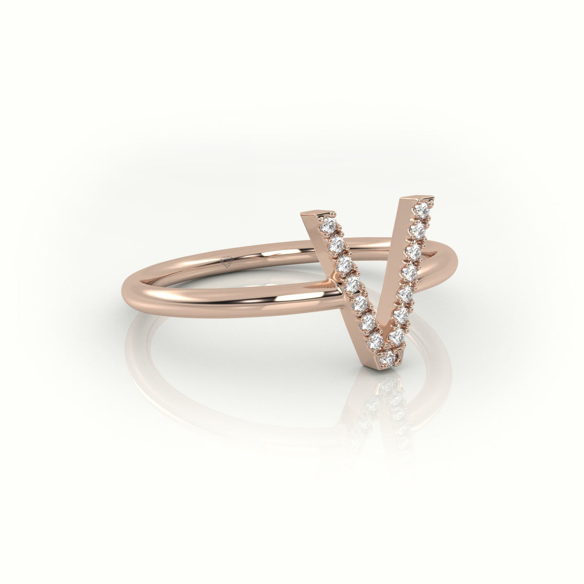 Round Cut Diamonds “V” Initials Monogram Alphabet Ring — Rose Gold