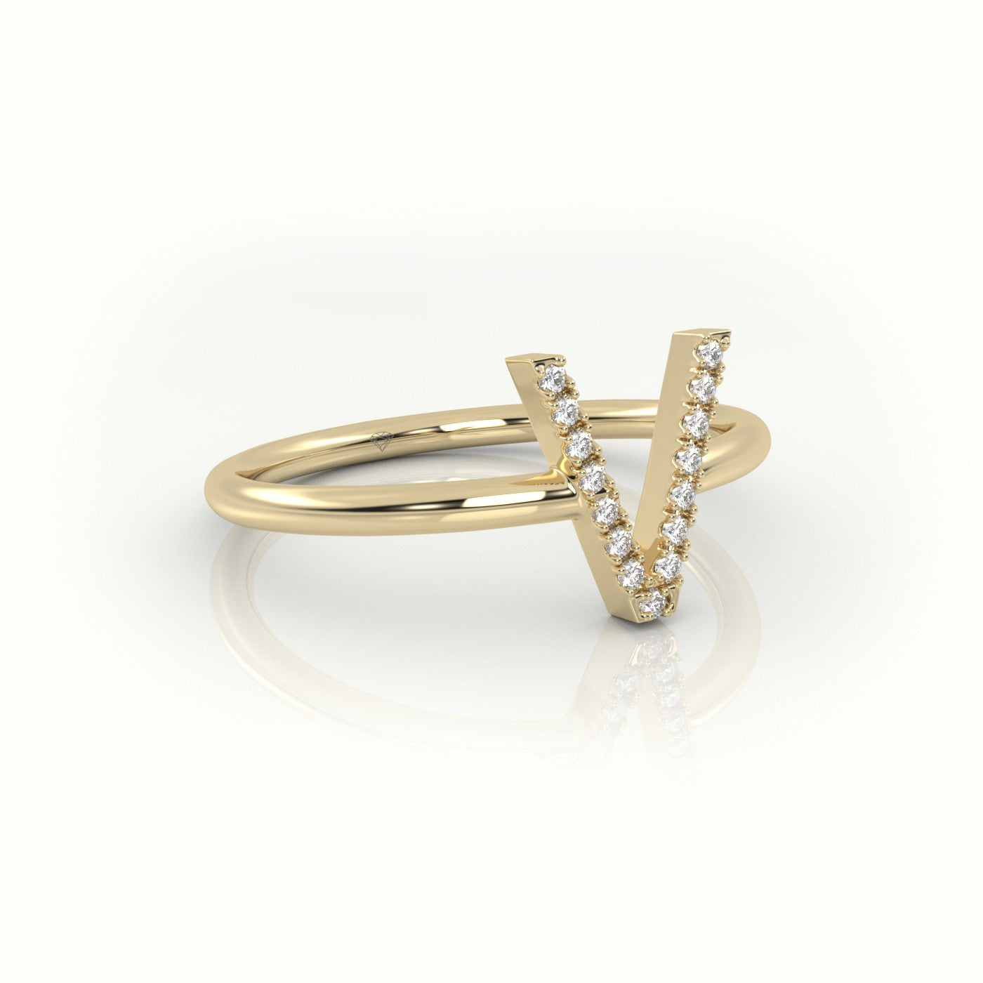 Round Cut Diamonds “V” Initials Monogram Alphabet Ring — Yellow Gold