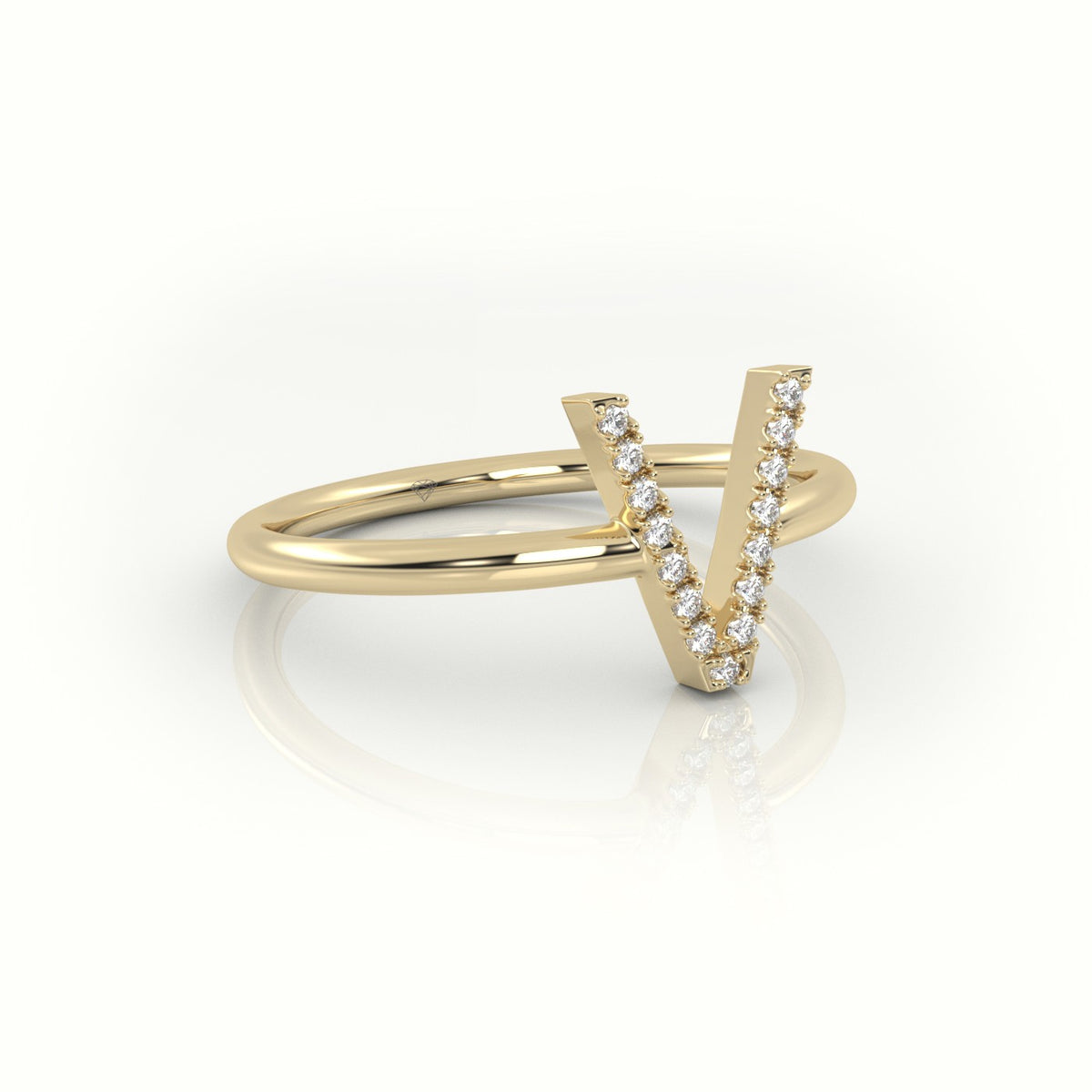 Round Cut Diamonds “V” Initials Monogram Alphabet Ring — Yellow Gold