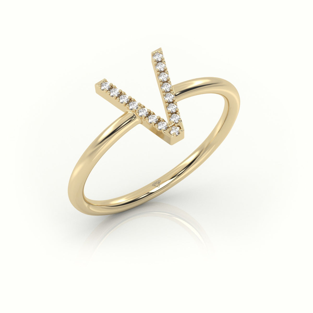Round Cut Diamonds “V” Initials Monogram Alphabet Ring — Yellow Gold